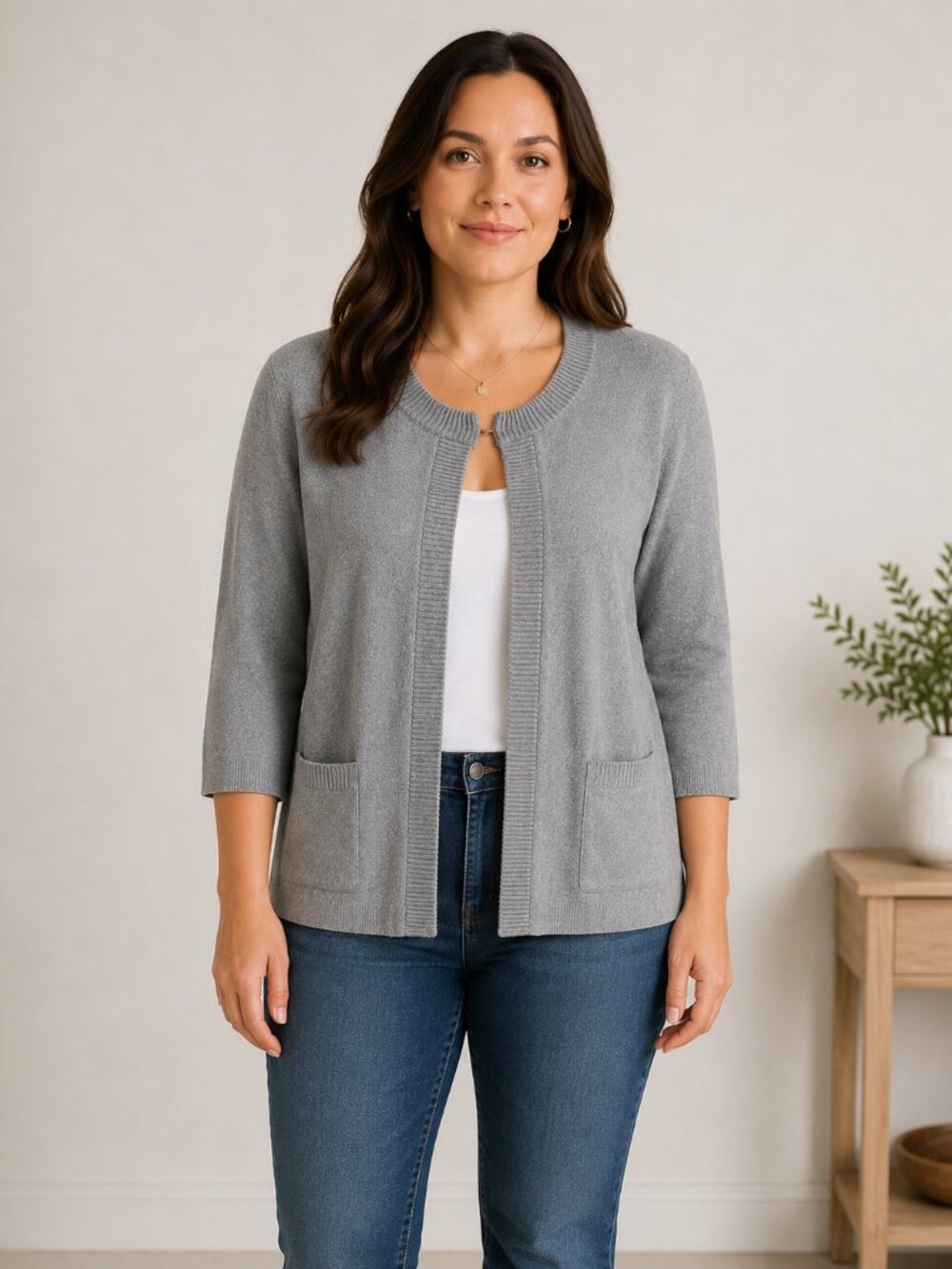 Lands' End Hip Length Open Front Cardigan Gray Cotton Modal Sweater L